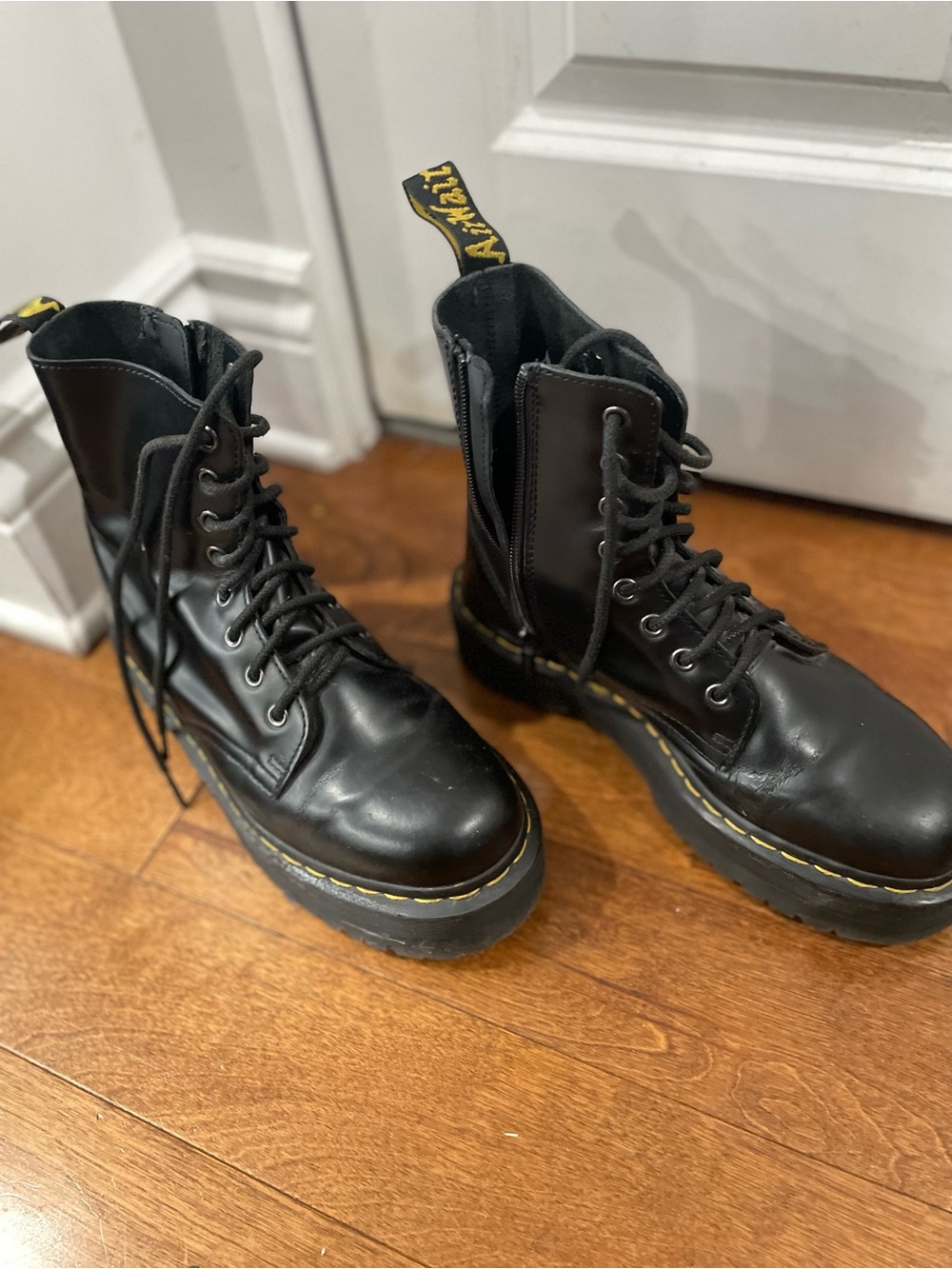 Dr. Martens Black Jadon Lace-Up Platform Boots with Yellow Welt Stitching